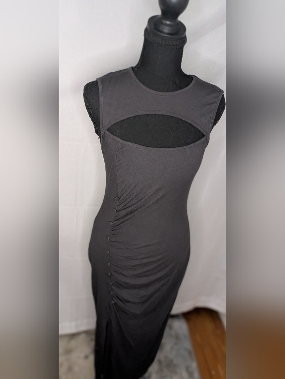 Cider Y2K Cutout Ruched Bodycon Maxi Dress Charcoal Gray S